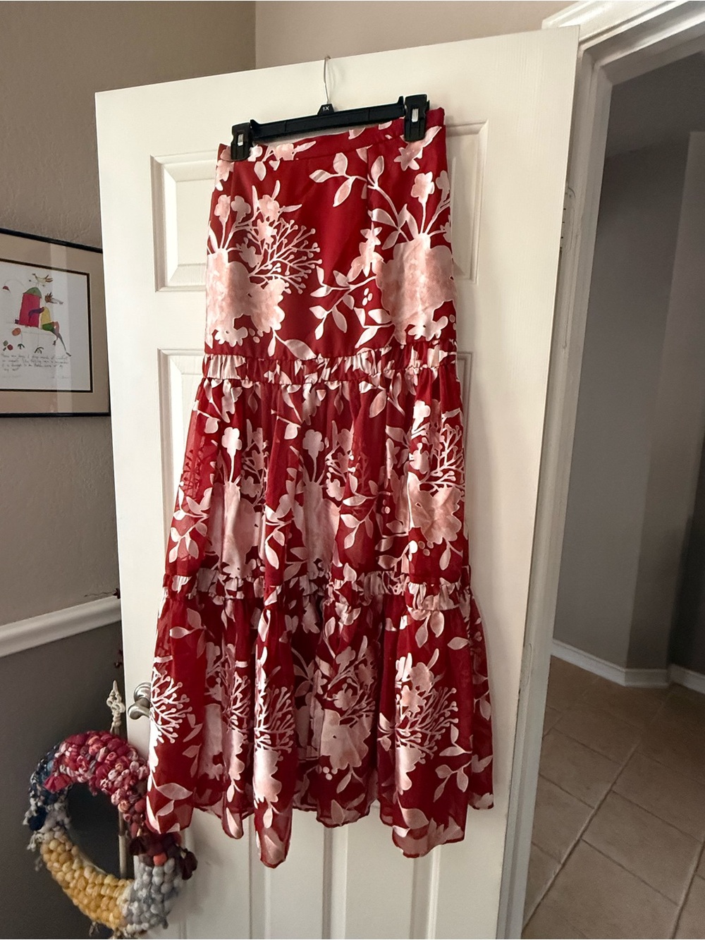 Anthropologie Red Floral Tiered Maxi Skirt, never worn.